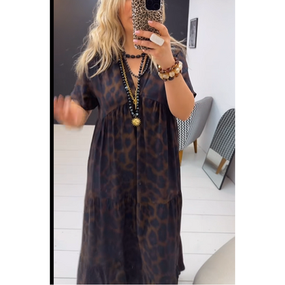 🐆 Buttery-Soft & Wrinkle-Resistant! V-Neck Leopard Maxi Dress – Flowy Floor-Length Silhouette ✨