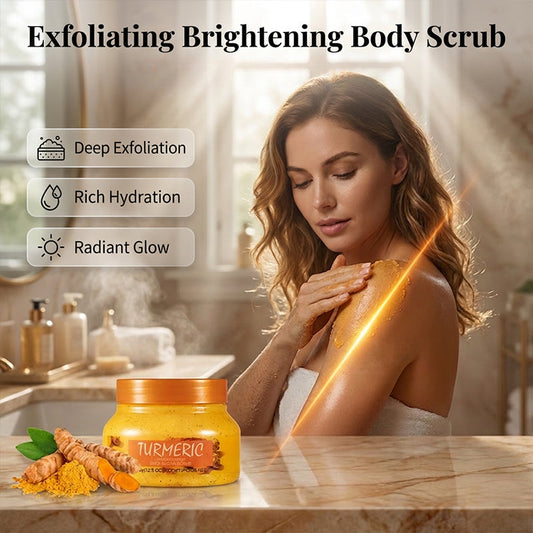 🌿 Unleash Your Inner Glow! ✨ Our Turmeric Body Scrub is packed with nature's power to fight dark spots and rough skin. Real results, real fast! 🧪