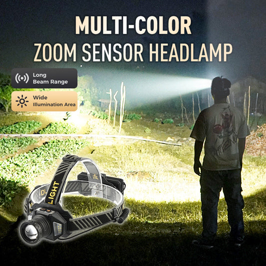 🏕️ Zoom Near & Far + Red/White! ✨ Multi-Color Sensor Headlamp for Camping & Repairs. 🔧