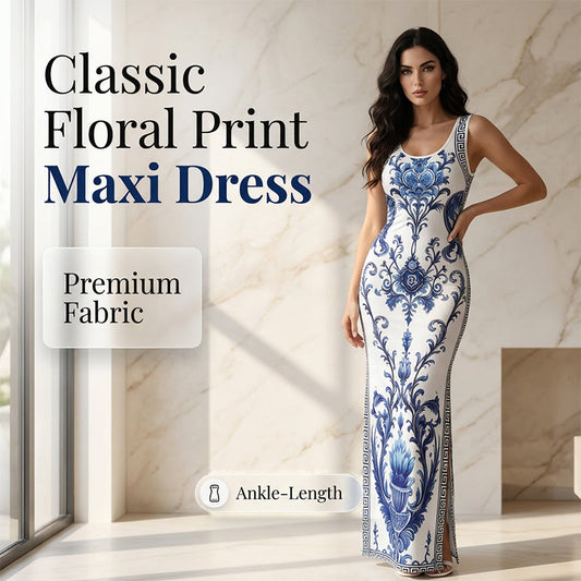 ⏳Time-Limited Special⏰Women's Classic Floral Print Maxi Dress – Bodycon, Side Slit, Porcelain Pattern 💙
