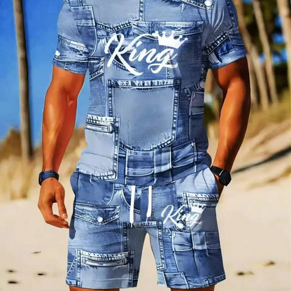 ⏳Time-Limited Special⏰Men's Casual Faux Denim Print T-Shirt & Shorts Set – Soft & breathable – Trendy denim look, perfect for summer or casual days 🩳✨