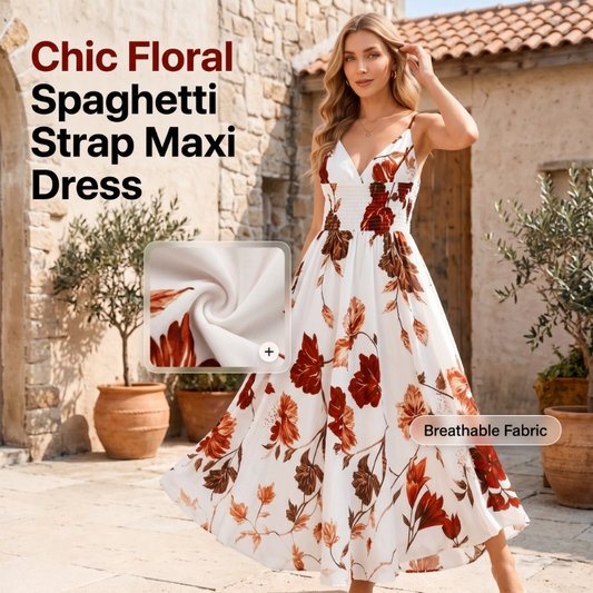 🌻 Adjustable Straps & Lined! Printed Spaghetti Strap Maxi – Flowy Silhouette, Pull-On Easy ✨