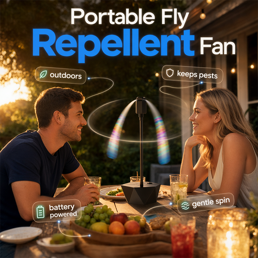 🍽️ Your Patio, Fly-Free! Holographic Fly Repeller Fan – Soft Blades Stop on Touch, Safe for Kids & Pets, Stands or Hangs Anywhere 🐾